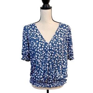 Melloday Blue Floral Crossover Puff Sleeve Blouse Feminine Spring Size Medium